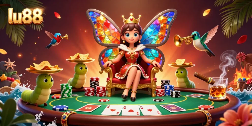Players engage in exhilarating poker games at lu88, with colorful chips and vibrant characters.