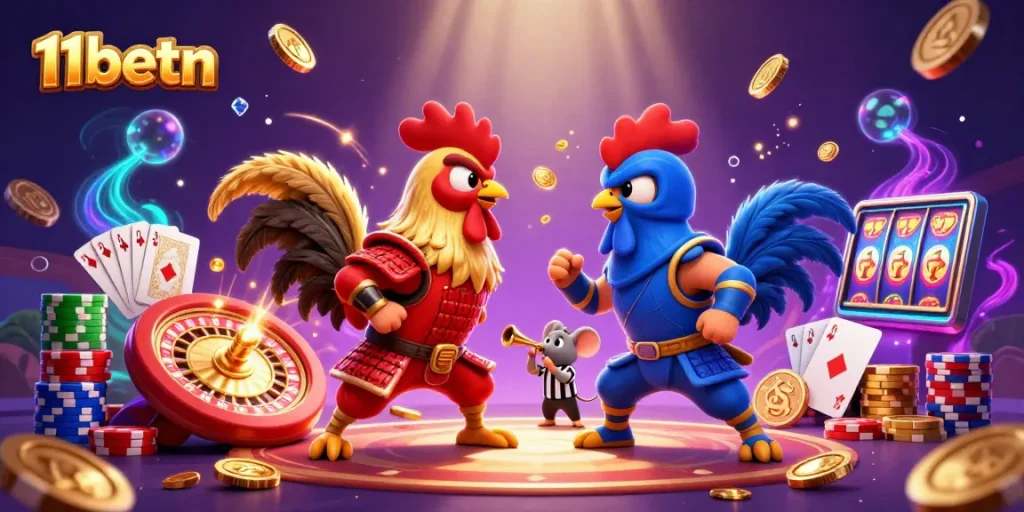 Engage in thrilling action with 11betn's dynamic scene of rooster warriors battling amid casino riches.