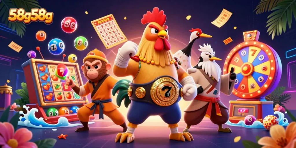 Engage with interactive slots and lotteries at 58g58g featuring vibrant casino elements.