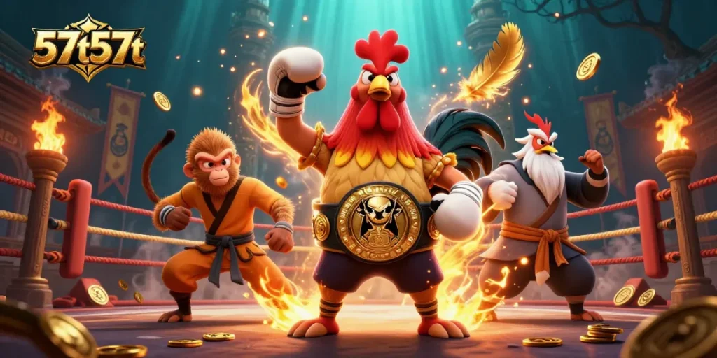 Aposte com 57t57t em uma ilustração 3D vibrante mostrando um galo lutador, um macaco mestre e um mestre garça em ação.