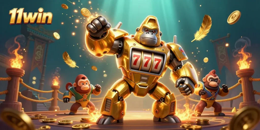 11win showcases a dynamic casino scene with a golden gorilla mech amidst vibrant gaming elements.