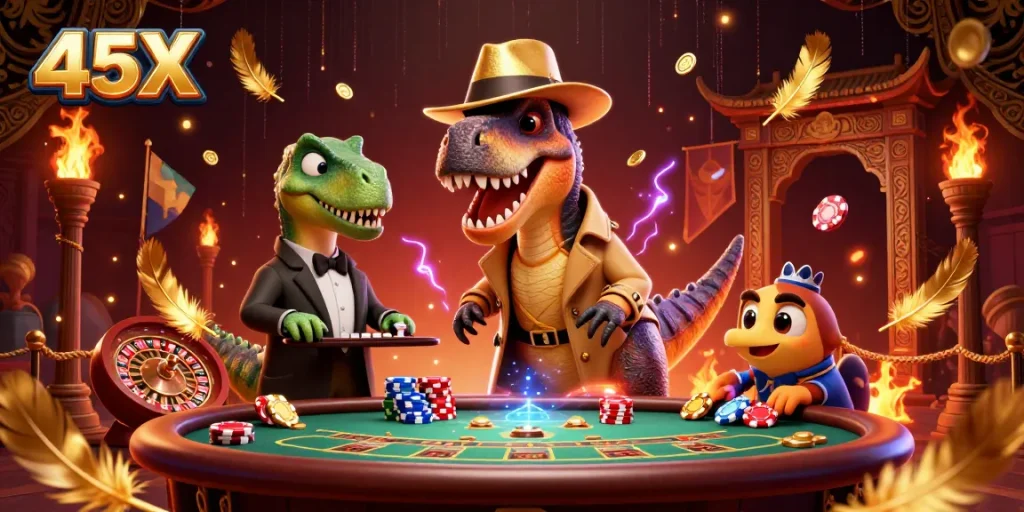 45X casino illustration showcasing a velociraptor card counter at a blackjack table with vibrant casino elements.