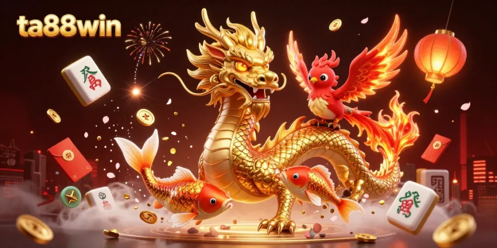 Experience excitement with ta88win's vibrant casino-themed 3D illustration showcasing dragons and koi.