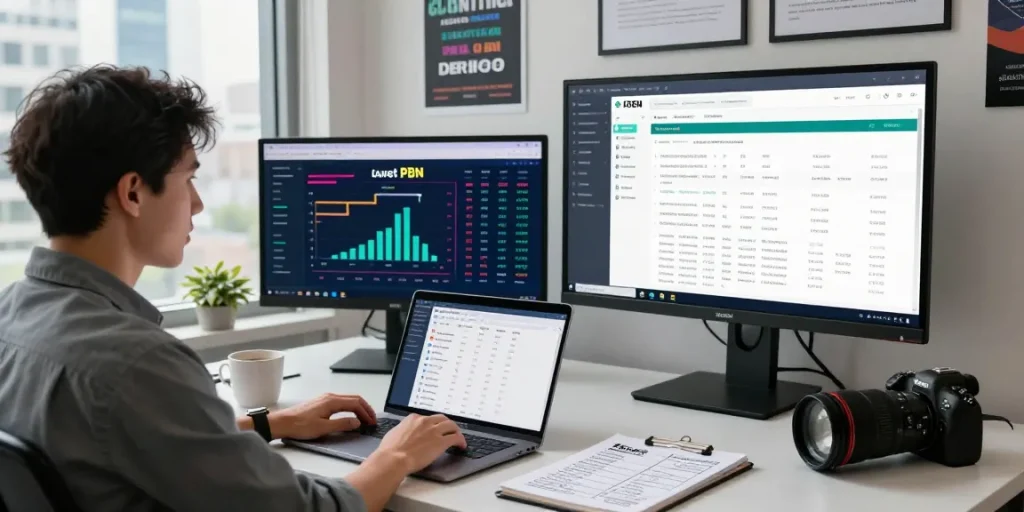 Digital marketing expert analyzing casino tier 2 link building strategies with SEO tools in a modern workspace